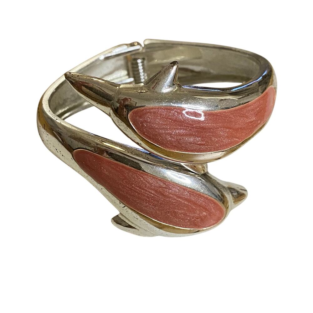 Vintage Silver Toned Double Dolphin with Pink Enamel Hinged Bracelet
